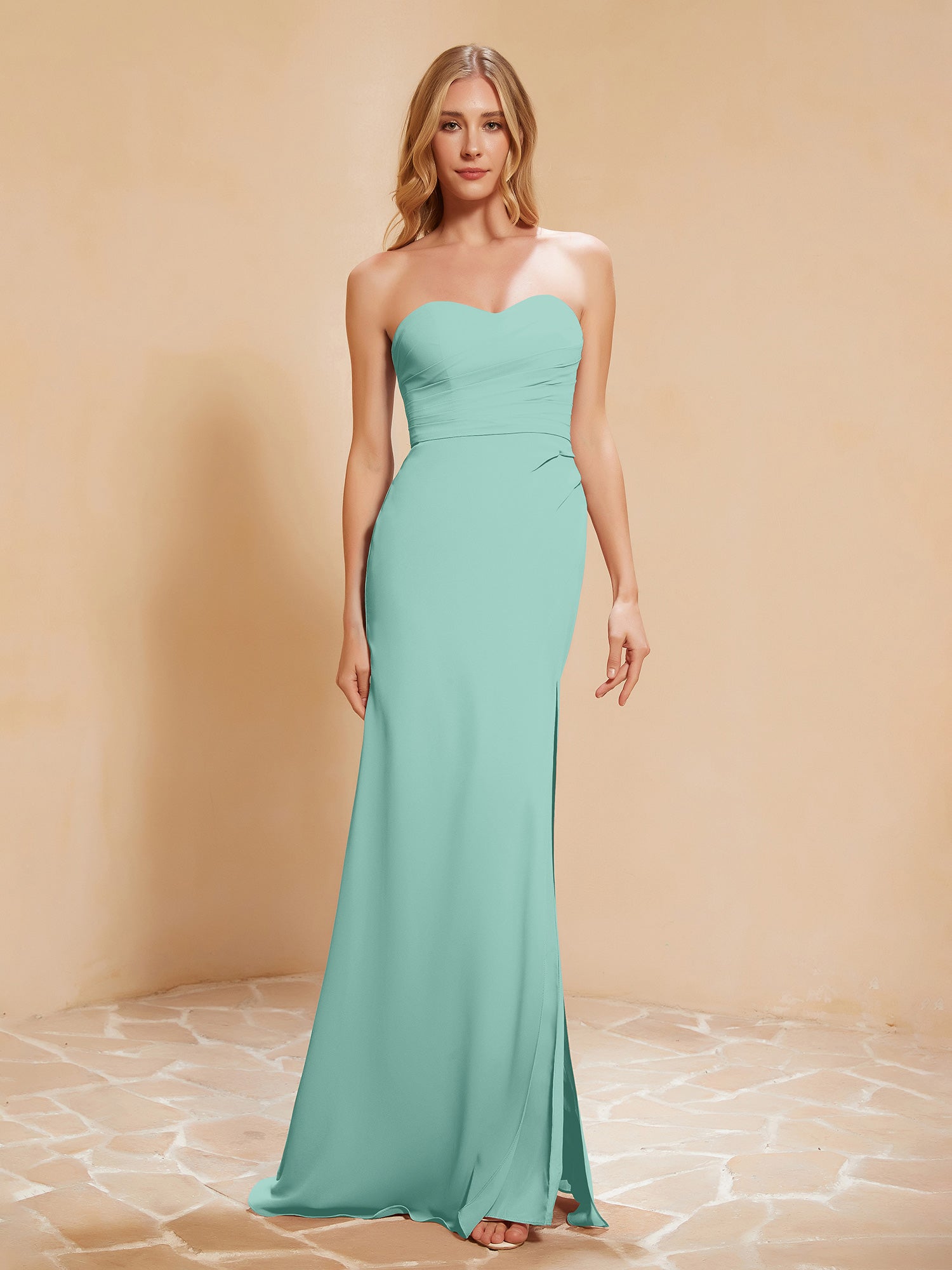 Strapless Long Sheath Chiffon Gown with Slit Turquoise